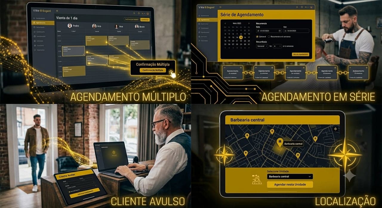 Recursos da agenda do CutGo: agendamento múltiplo, em série, cliente avulso e localização